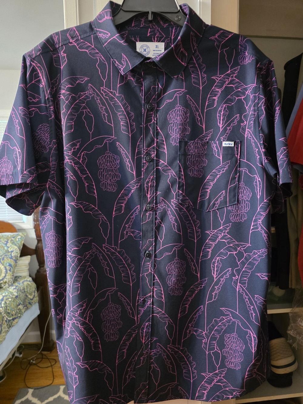 Hurley Men’s Short-Sleeve Button-Down Shirt - Black with Pink Leaf Print